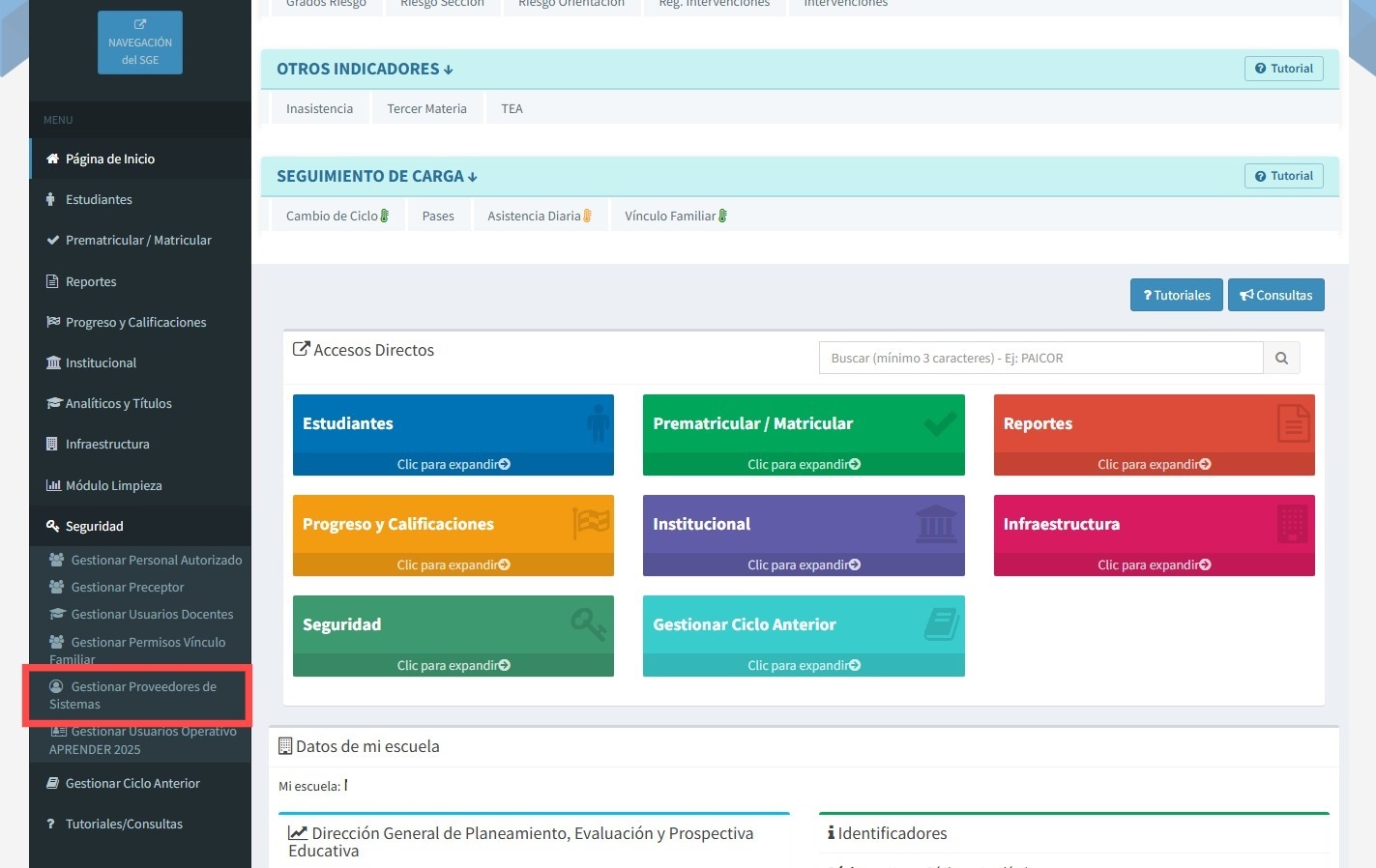 Opción Gestionar Proveedores de Sistema en el menú Seguridad