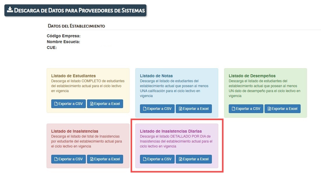 Bloque Listado de Inasistencias Diarias con botón Exportar a CSV